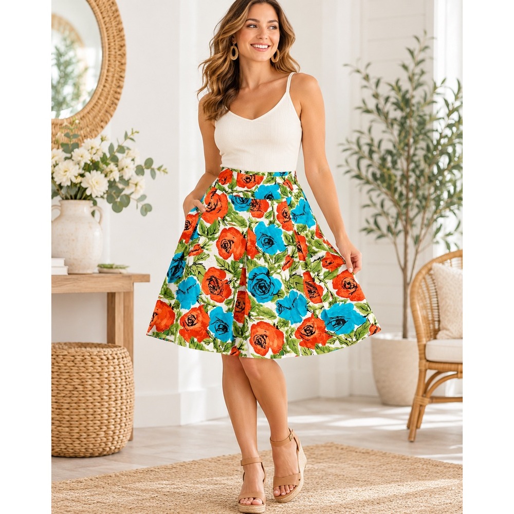Talbots Womens Size 6 Floral Rose Print Pleated A-Line Cotton Skirt Multi-Color